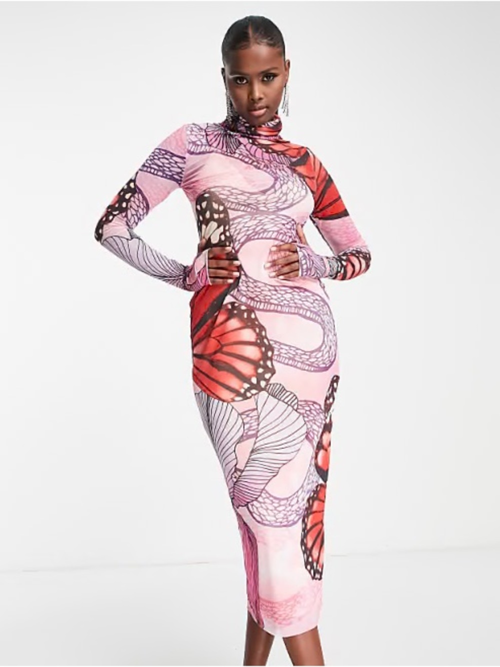 AFRM Sz M Mesh Pink Butterfly Whimsical Long Sleeves Midi Dress